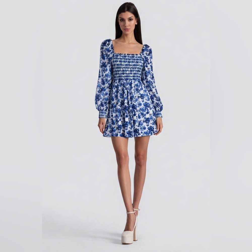 NWT Alice +‎ Olivia Cooper Silk Blend Smocked Dainty Mini Dress